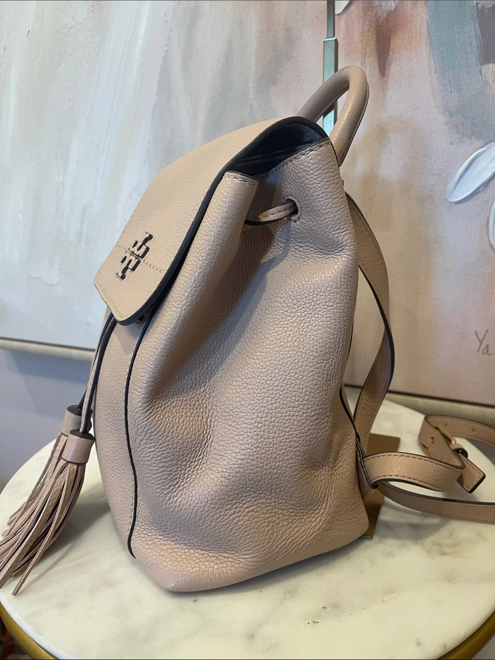 Tory Burch Pebbled Leather Tassel Backpack in Light Beige